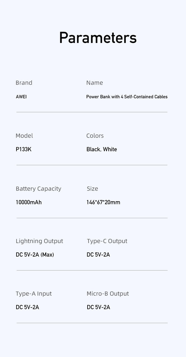 AWEI Built-in Wired Intelligent Multi-Output Power Bank